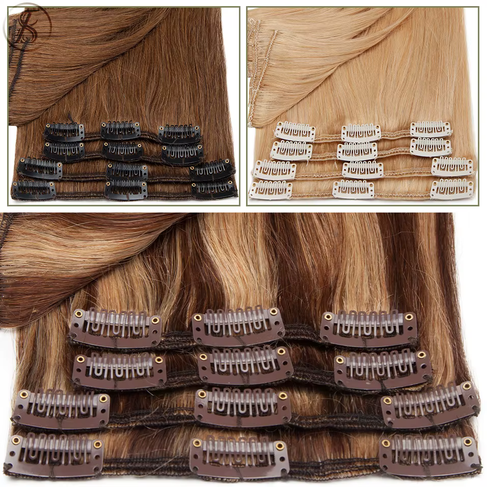 TESS-Extensions de Cheveux Naturels Lisses à réinitialisation, Postiche, Tête Complète, Surbrillance Fine, 50-80g, 8 Pièces/Ensemble