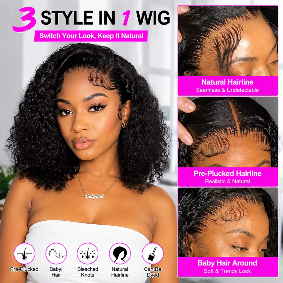 Perruques Courtes Bob Bouclées Effet Mouillé 13x4 Lace Front Cheveux Humains Brésiliens Deep Wave 13x6 Full HD