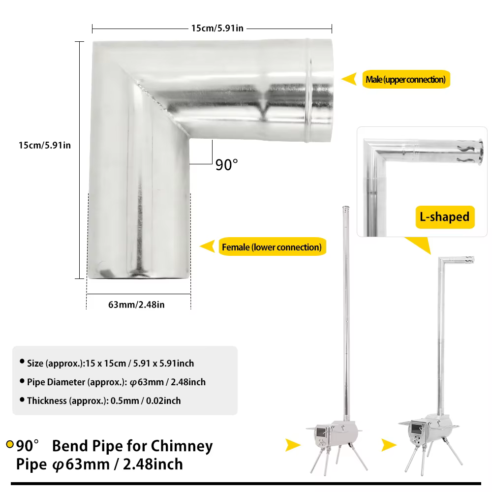 Soomloom 90 ° Tuyau d'extension de cheminée en forme de L en acier inoxydable, coude de cheminée pour Camping, poêle à bois de chauffage, cheminée
