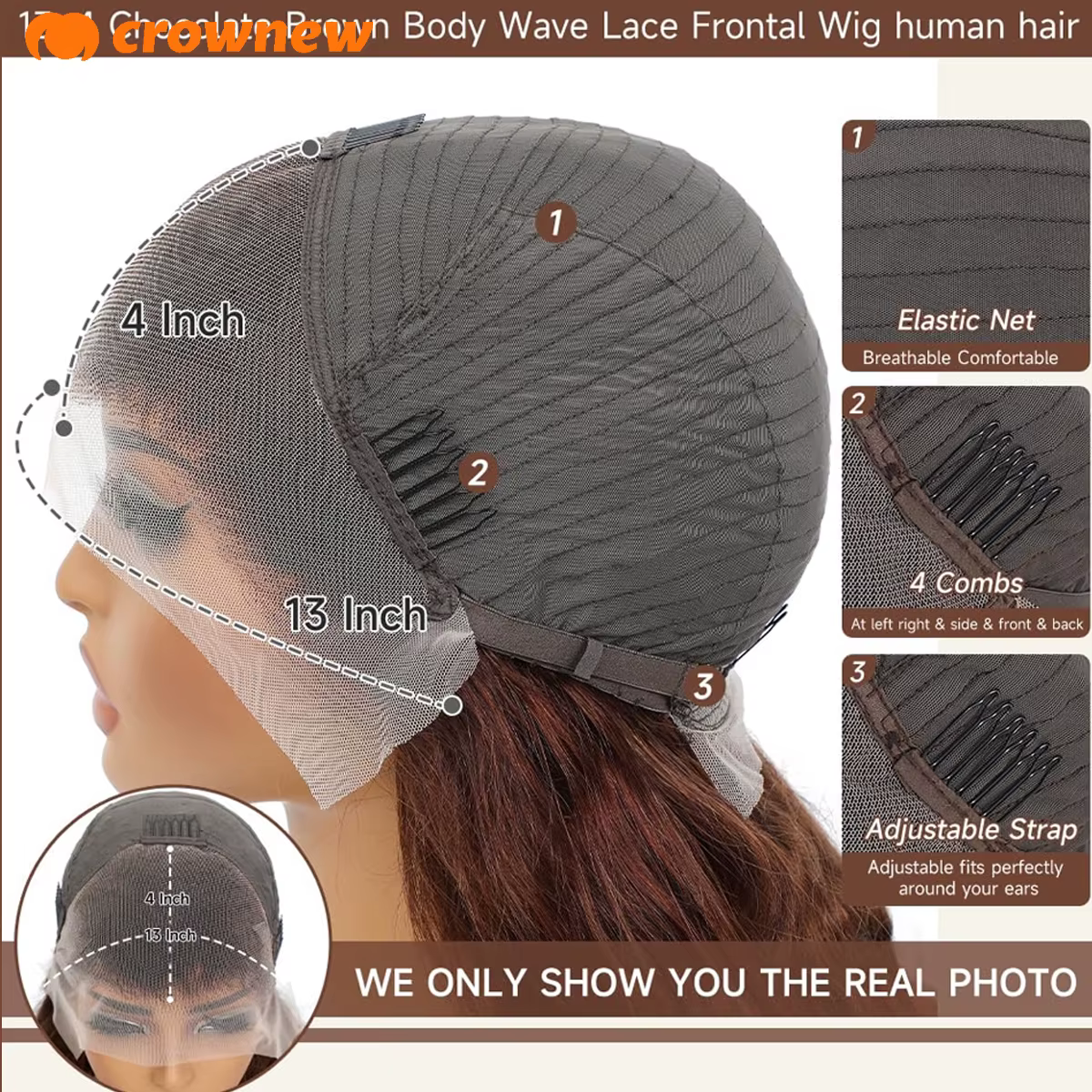Perruque Lace Front Wig naturelle Body Wave marron chocolat