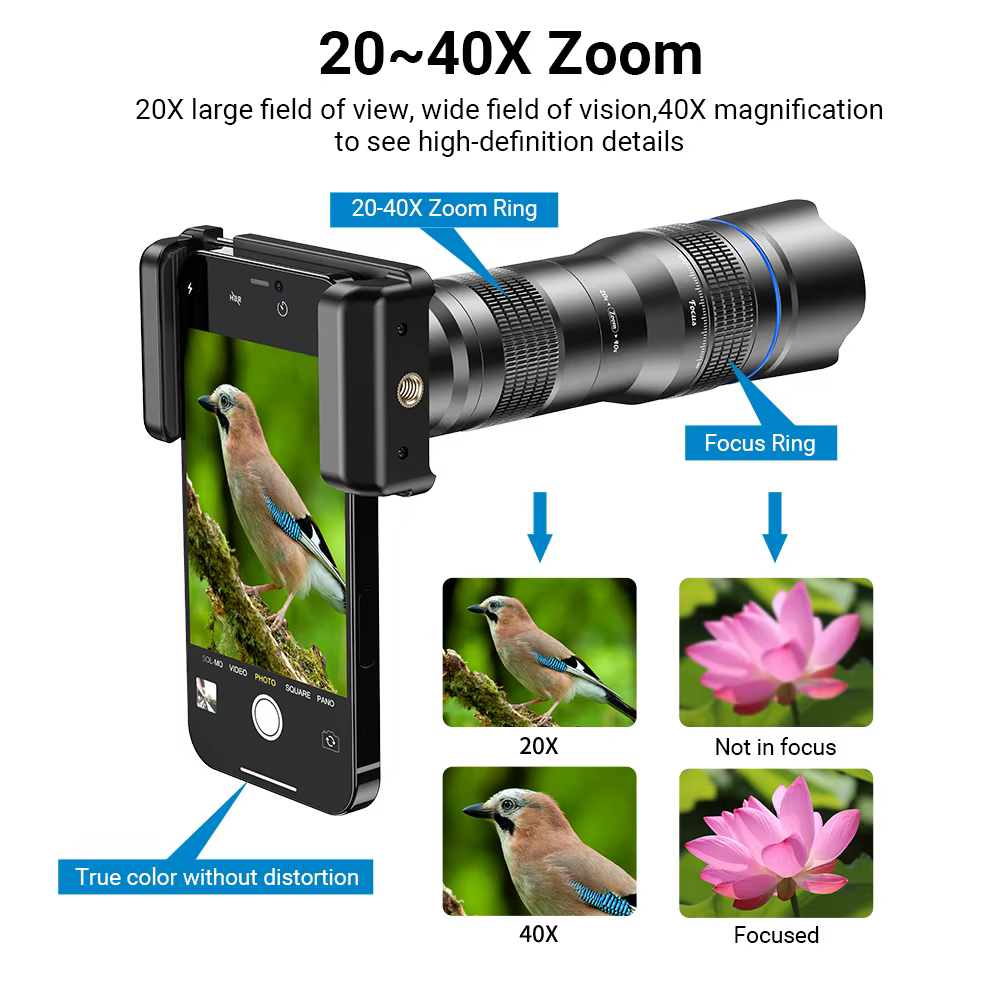 APEXEL Nouveau Téléobjectif Zoom HD 20x-40x Amélioré en Option pour Appareil Photo de Téléphone, Compatible avec Samsung, iPhone, Xiaomi et Tous les Smartphones