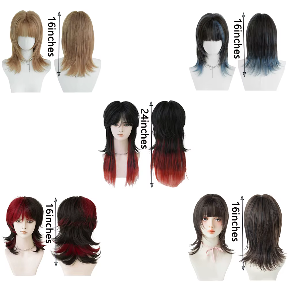 Perruque synthétique de coiffure mulet bleue avec frange