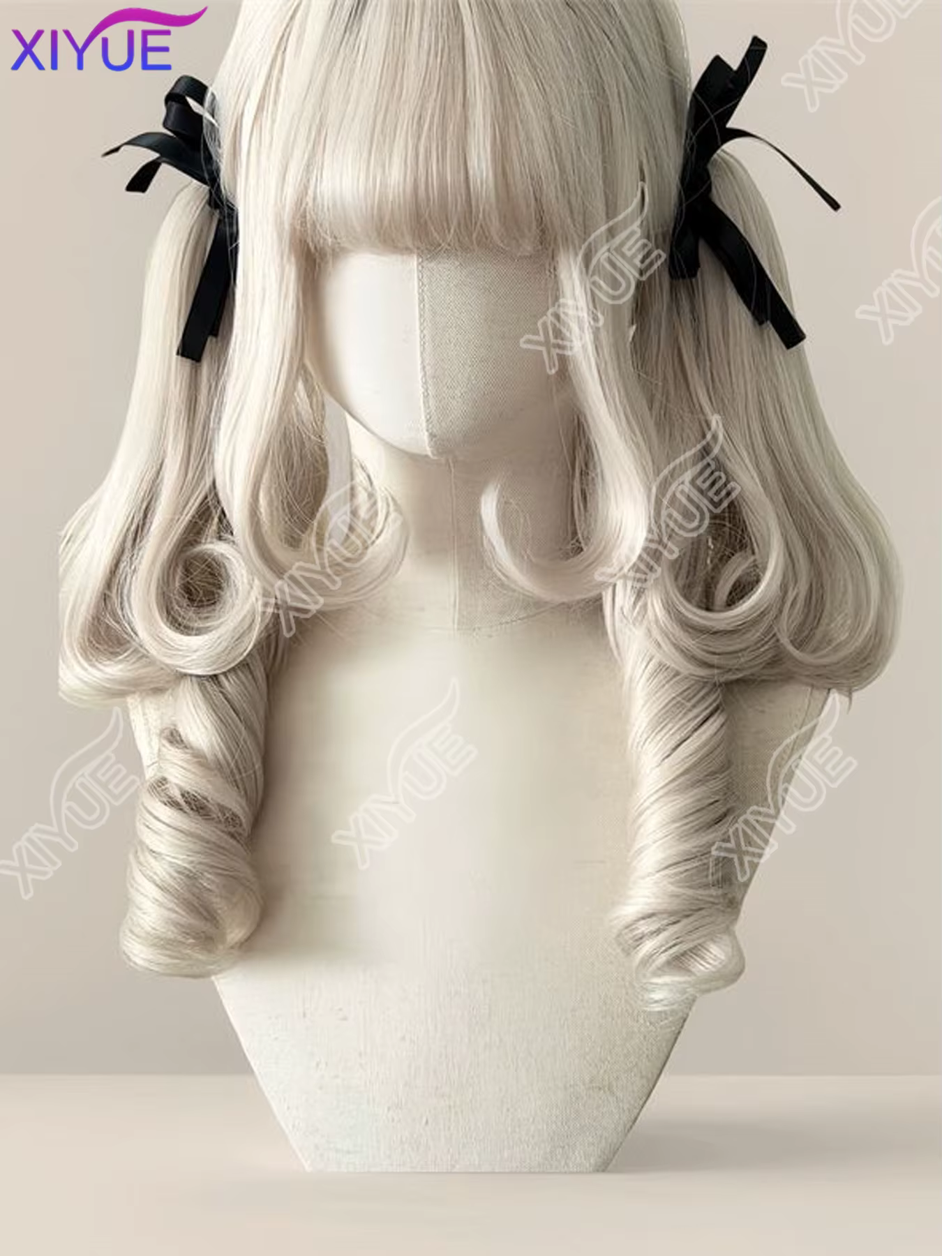 XIYUE oreilles de lapin synthétique princesse coupe Double queue de cheval Lolita perruque avec frange fille blanc gris