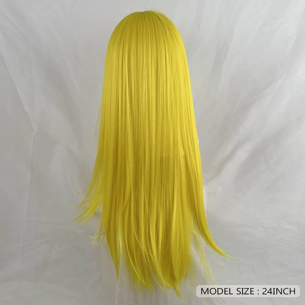 Perruques synthétiques longues et lisses en couches jaune citron avec frange pour femmes