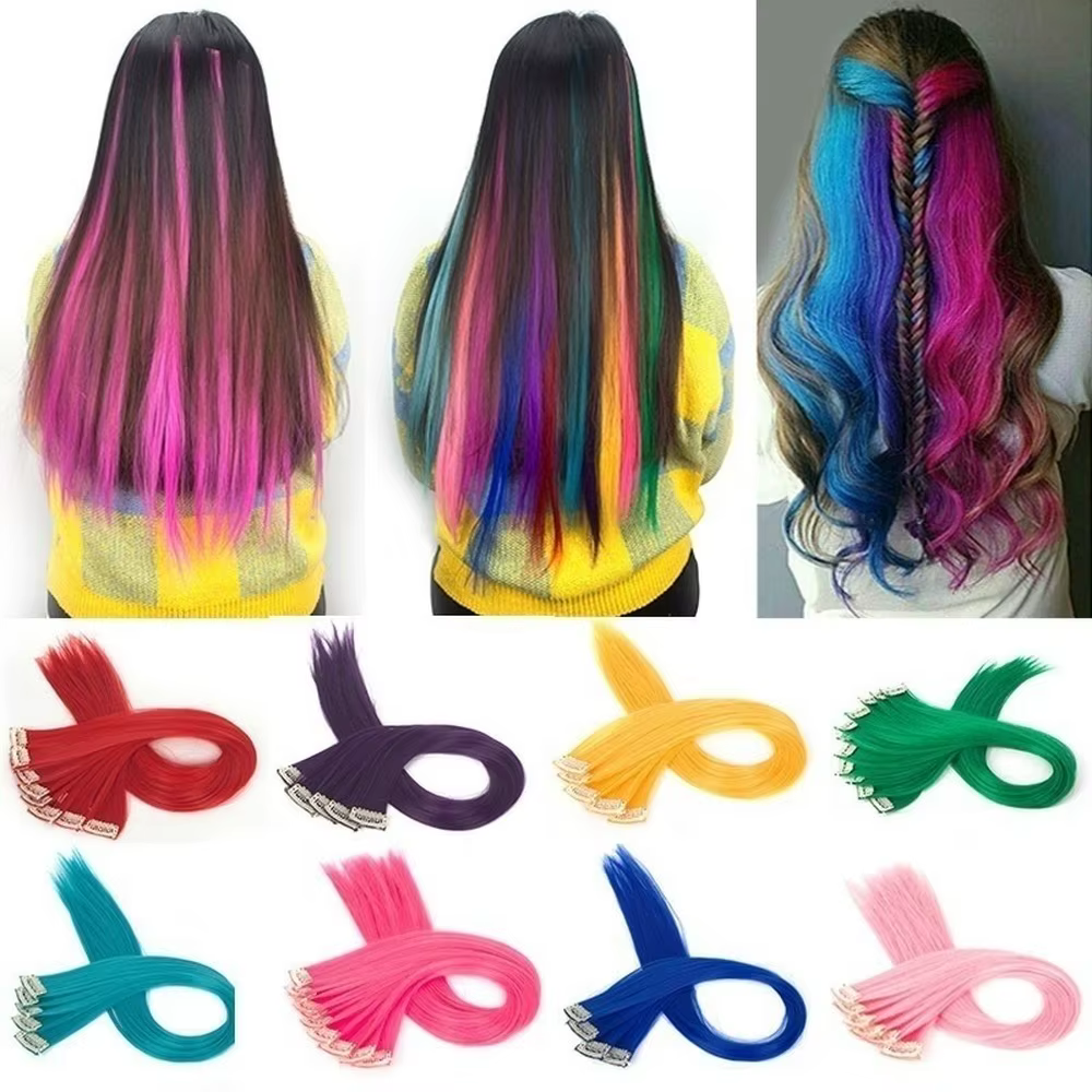 Extensions de Cheveux Lisses Multi-couleurs, Postiche à Clips, 55cm, 2 Pièces