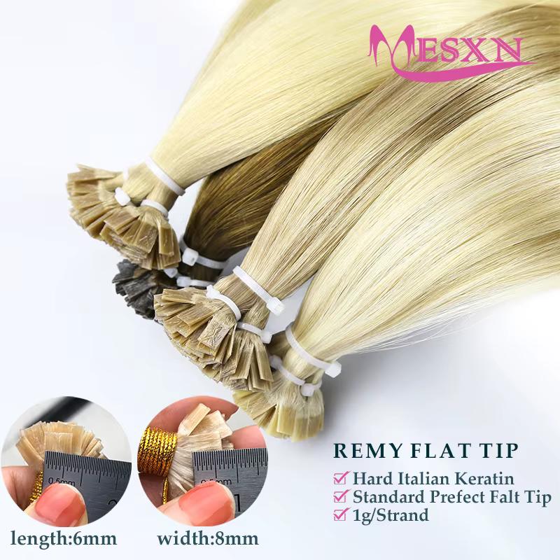 MESXN Extensions de cheveux à pointe plate de haute qualité 100%