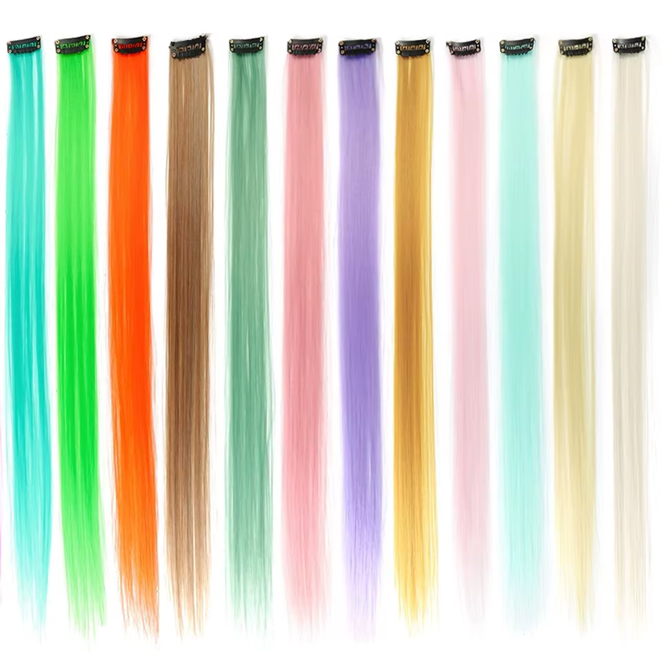 Extensions de cheveux colorées synthétiques 22 pouces lisses orange vert à clipser