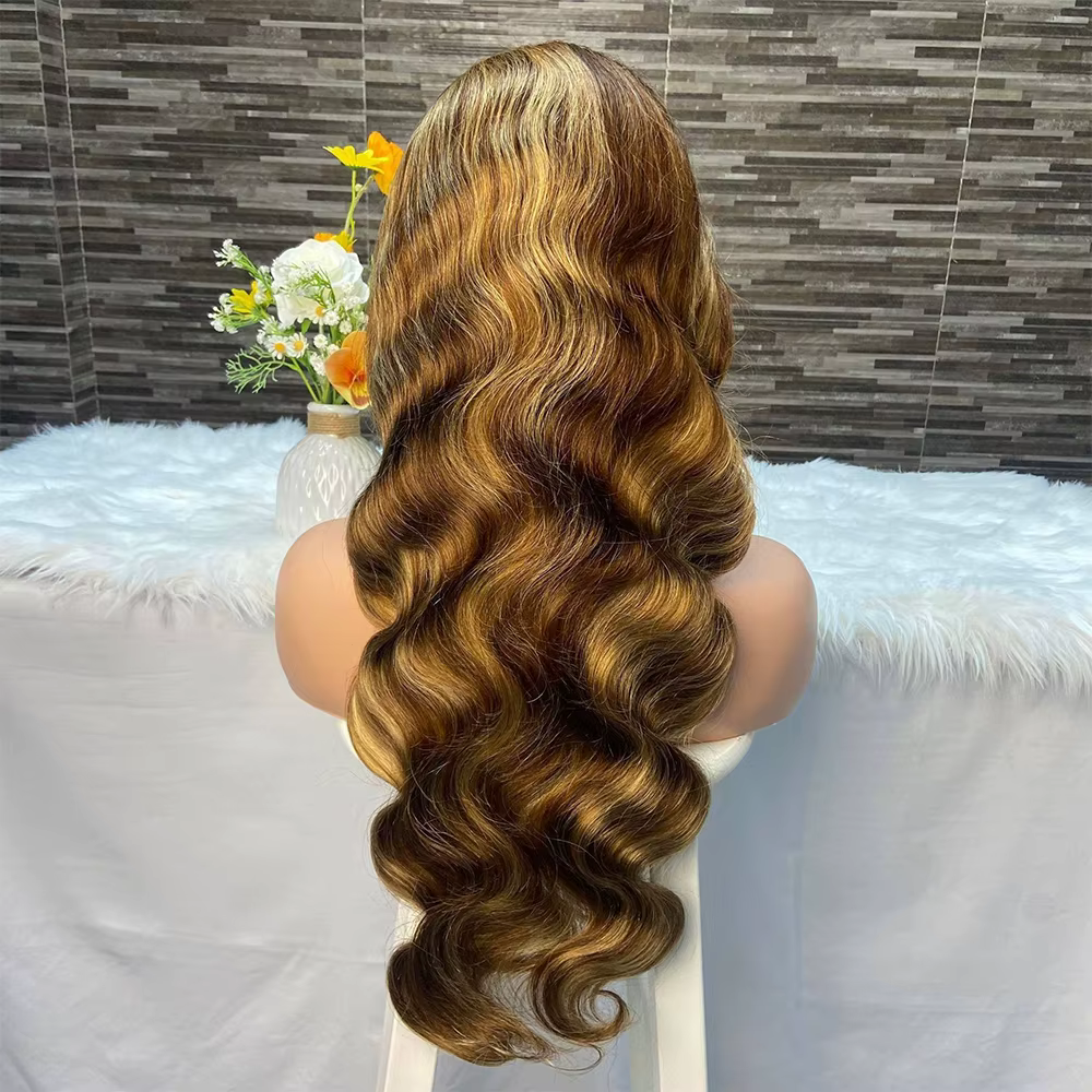 Perruques colorées avec mèches, cheveux humains, perruque frontale en dentelle HD 13x4 13x6, cheveux brésiliens 100% naturels, blond ombré P4/27, perruques ondulées