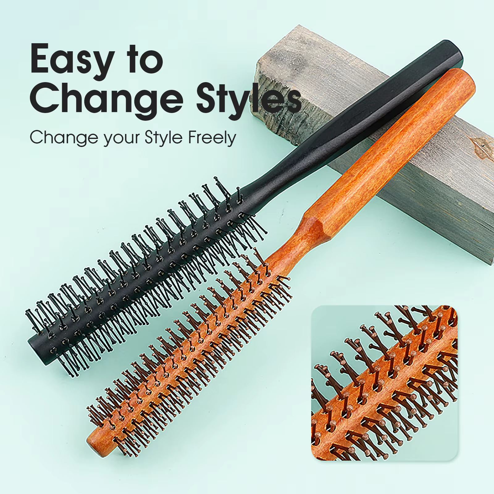 Manche en bois dents en Nylon brosse circulaire peigne à rouleau bouclé racine de cheveux moelleux