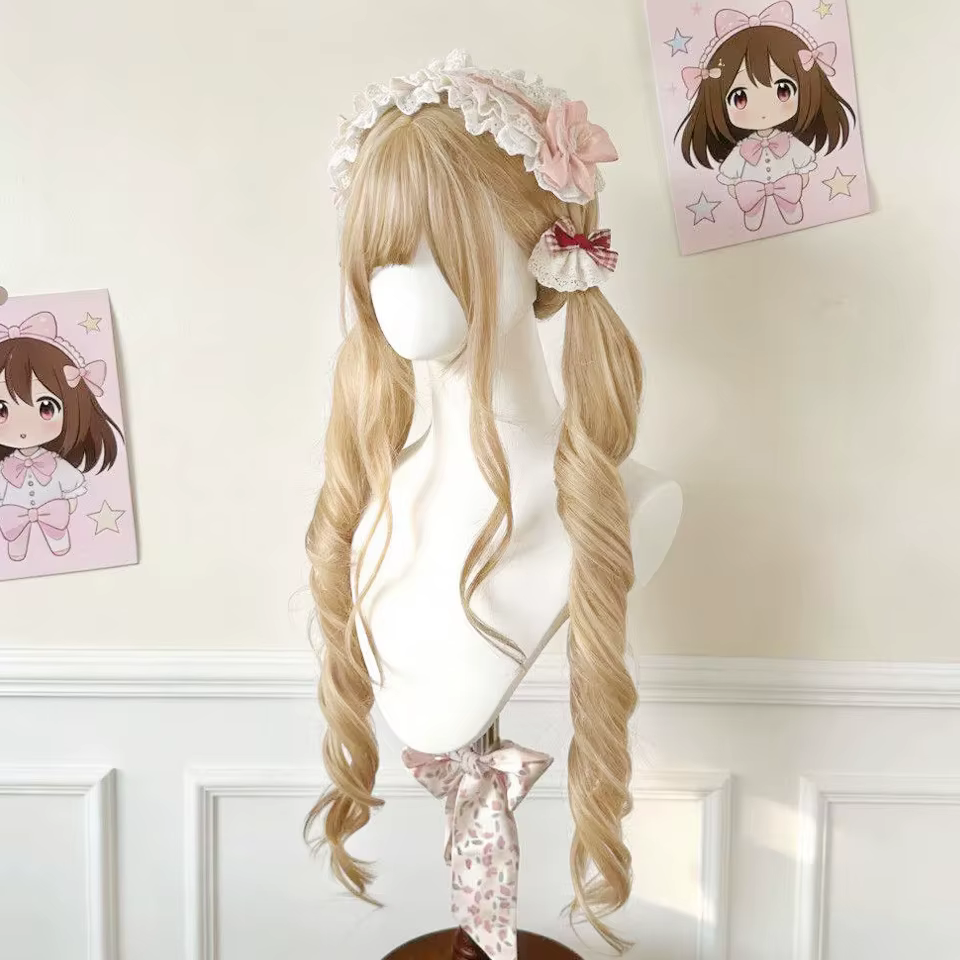 Perruque longue blonde double queue de cheval style Lolita avec frange, boucles princesse, synthétique, noire et marron, pour fille, cosplay, Halloween, Harajuku