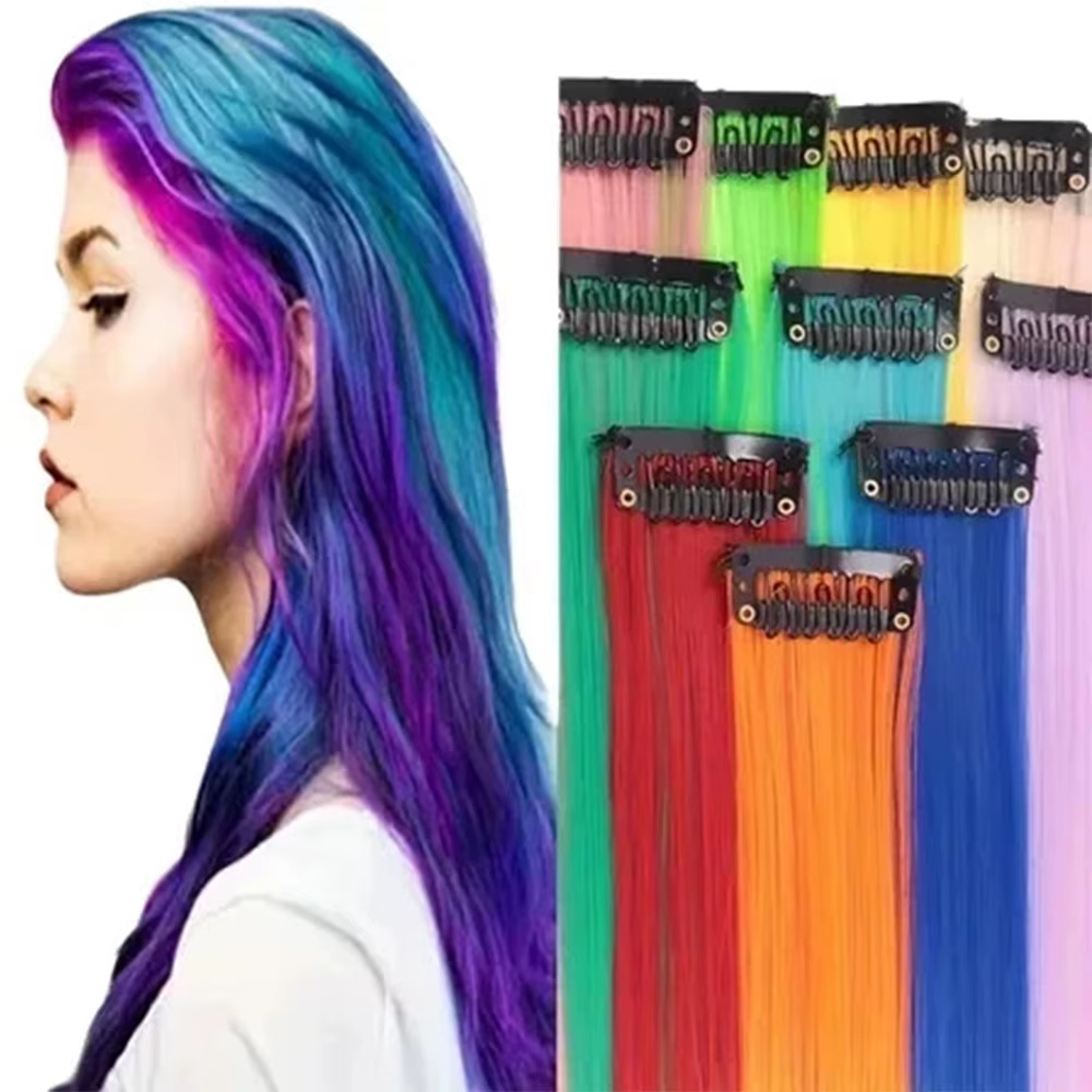 Extensions capillaires synthétiques à Clip rouge et bleu