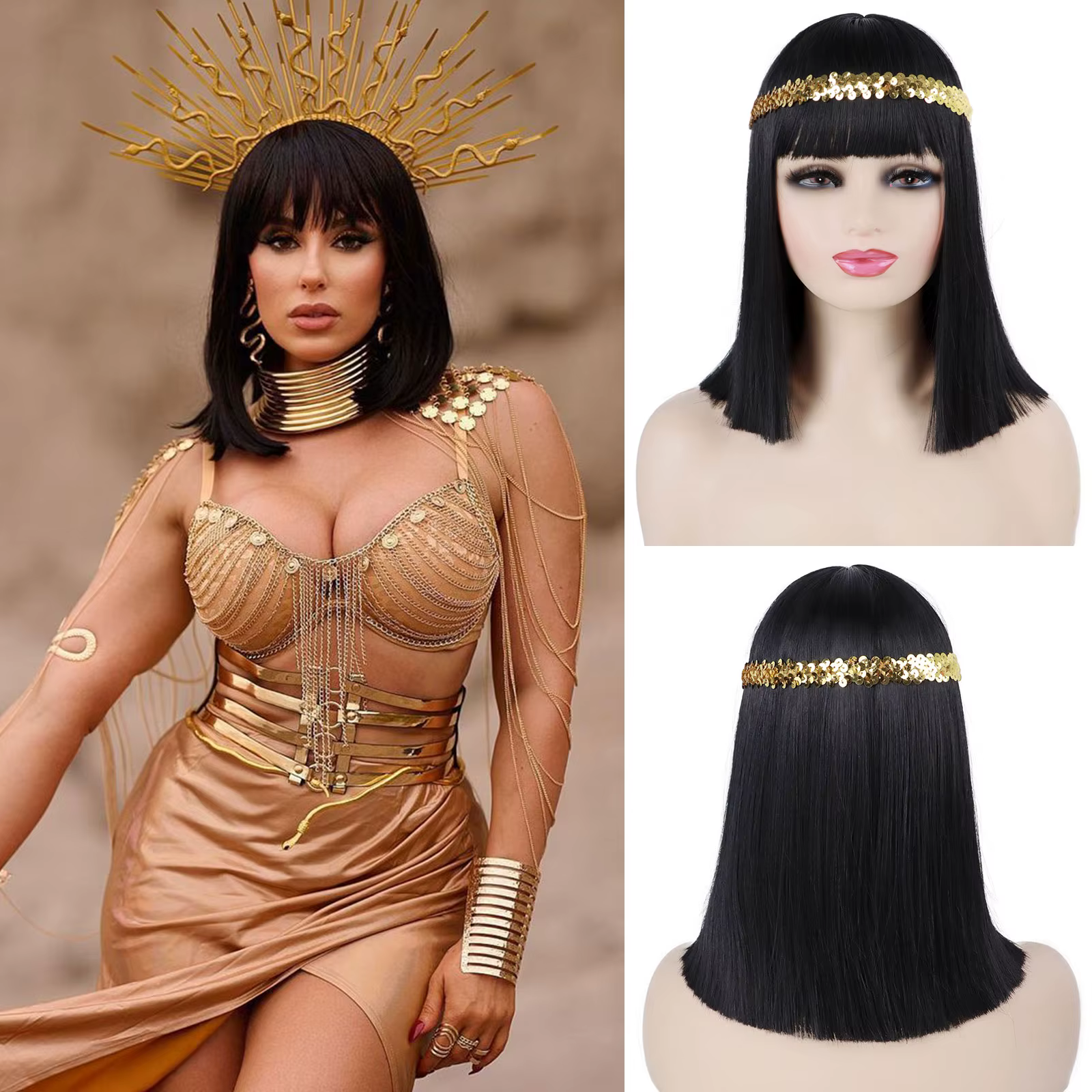Perruque synthétique reine Cléopâtre égyptienne de 14 pouces