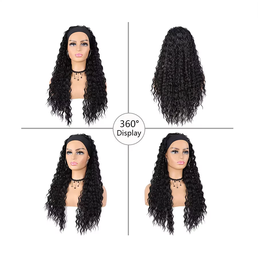 Perruque à bandeau longue de 24 pouces, bouclée et profonde, noire, synthétique, résistante à la chaleur, pour femmes, usage quotidien