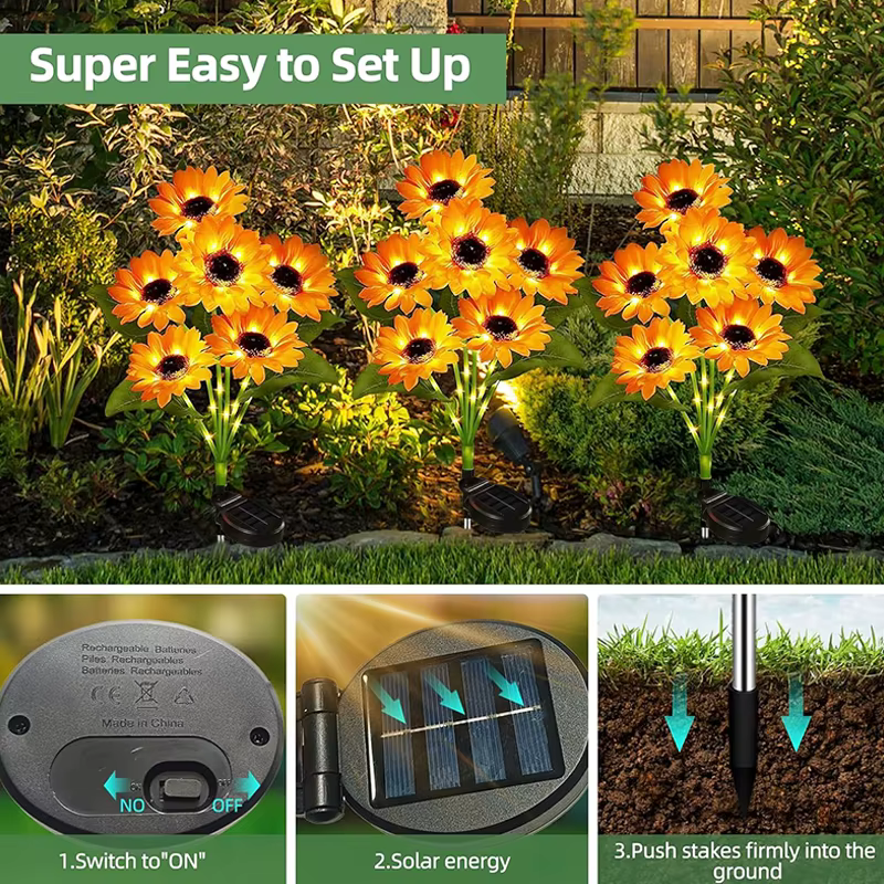 Lampes solaires d'extérieur en forme de tournesol avec tige lumineuse, pour jardin, allée, pelouse, balcon