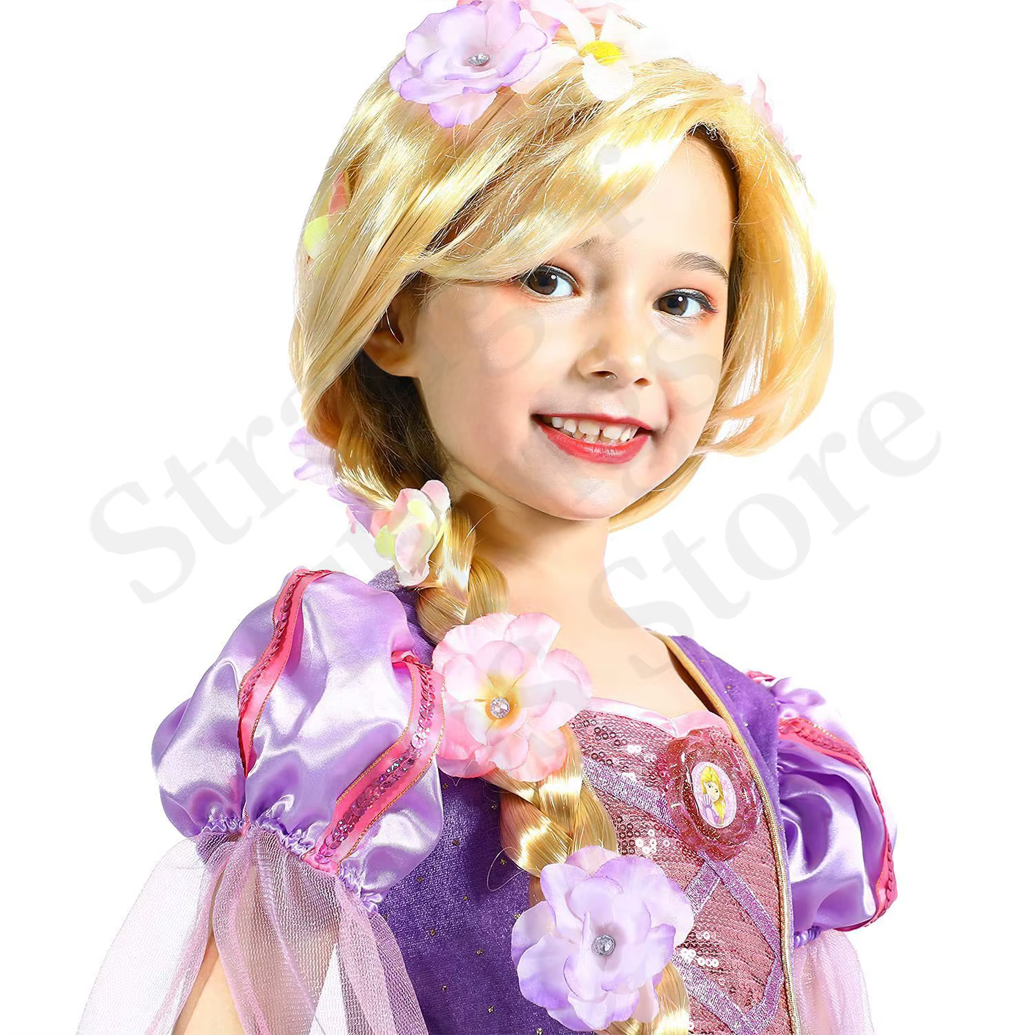 Perruque de princesse Raiponce super longue avec fleurs - Perruques synthétiques blondes tressées pour filles pour