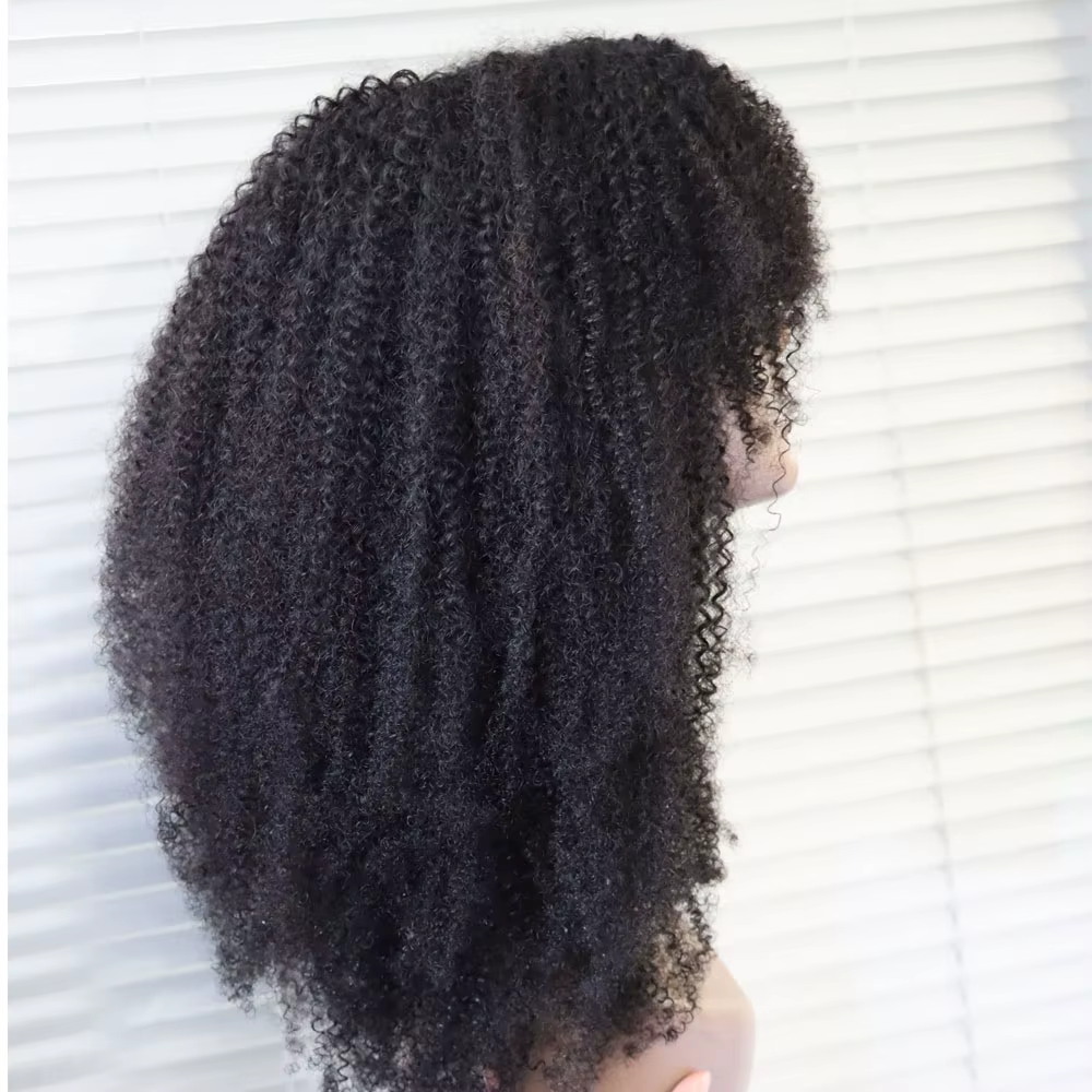 Perruque en cheveux humains vierges brésiliens bouclés afro, fabriquée à la machine, avec frange et boucles, pour femmes noires, de chez Aliexpress