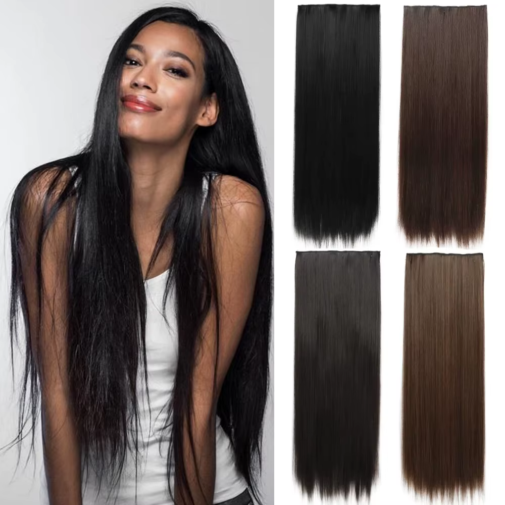 MERISIHAIR 32 pouces Extensions de cheveux synthétiques une pièce 5 Clips longue droite haute température fibre noir brun postiche