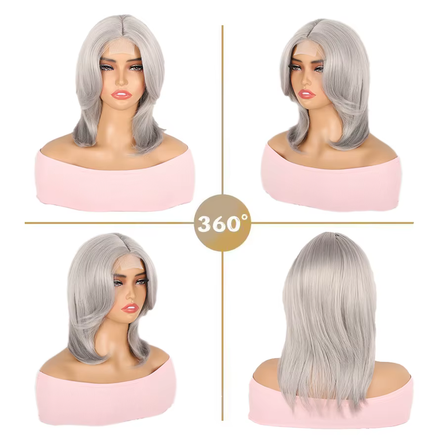 Lolita perruque synthétique front dentelle queue de loup cheveux courts bouclés argent gris superposition quotidien