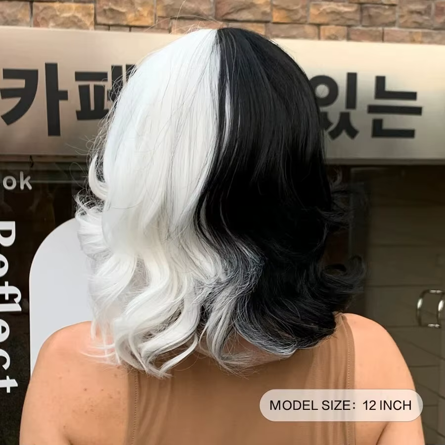 Cruella – cheveux mi-longs ondulés de couleur noir et blanc