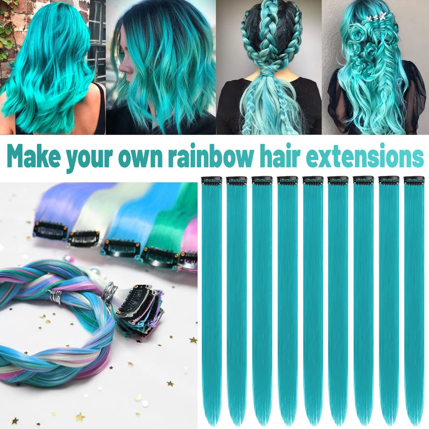 12 pièces Extensions de cheveux bleu sarcelle à clips