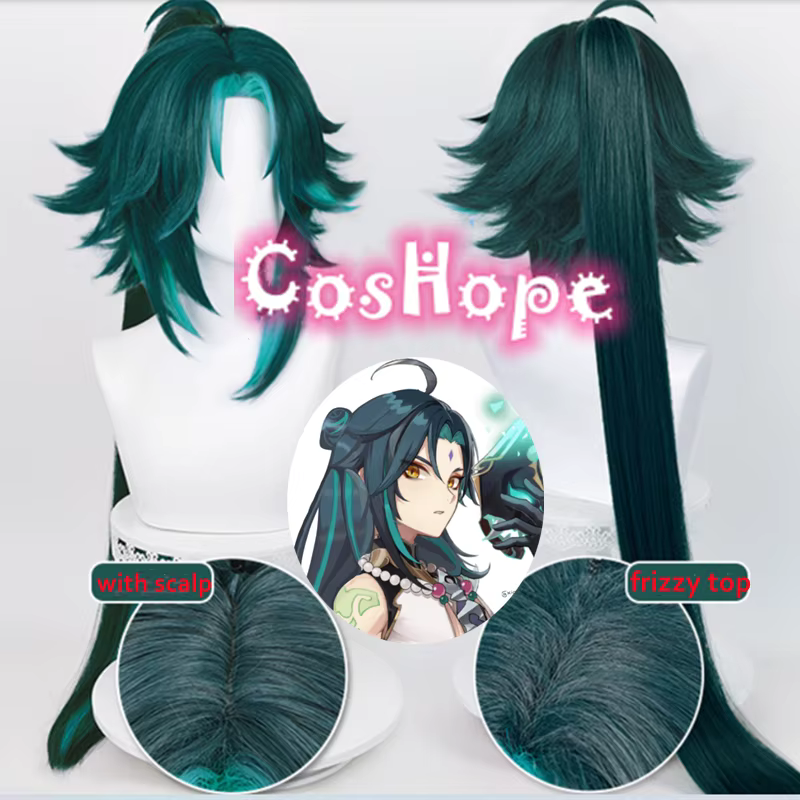 Xiao Cosplay perruque cheveux longs 100 cm queue de cheval vert mixte