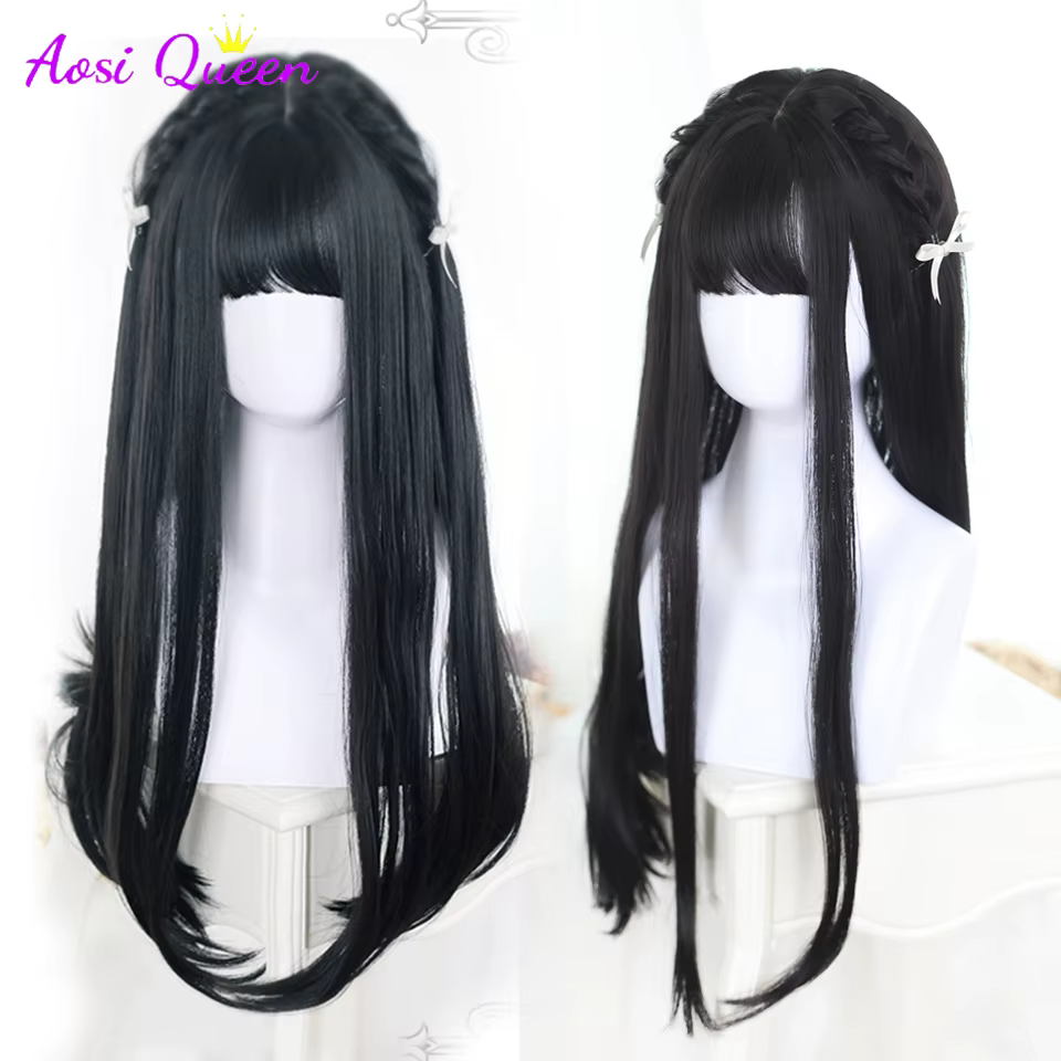AOSI – perruques synthétiques noires longues et lisses avec frange pour femmes, perruques de fête de Cosplay de noël à la mode