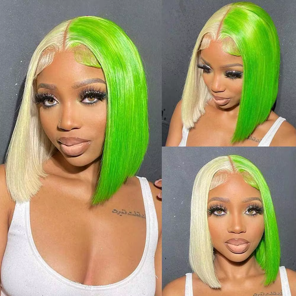 Perruque Bob Lace Front Wig 613 naturelle lisse, cheveux humains, coupe au carré, mi-vert, moitié blonde, 13x4, HD, 180%