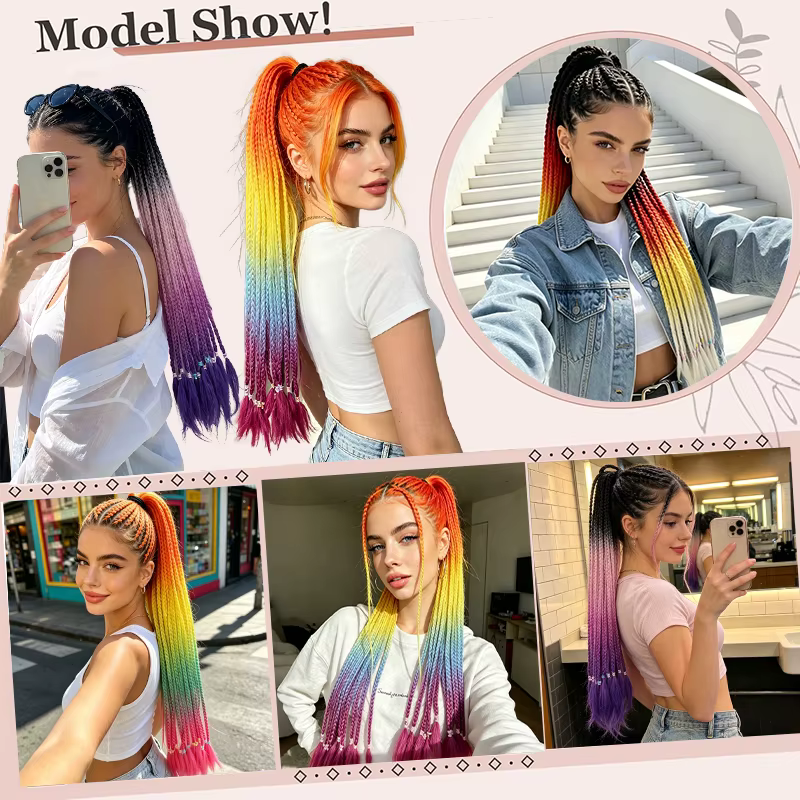 Extensions de cheveux tressées arc-en-ciel ombrées pour femmes