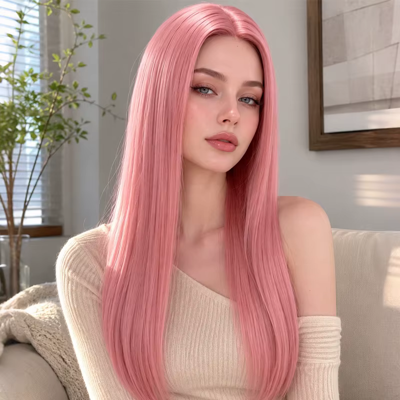 Perruque synthétique élégante rose longue et droite de 28 pouces, soigneusement coiffée avec une raie au milieu, créant un look sophistiqué pour les femmes.