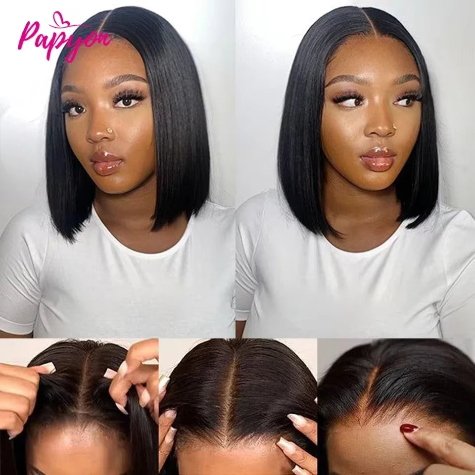 Perruques courtes bob lisses sans colle