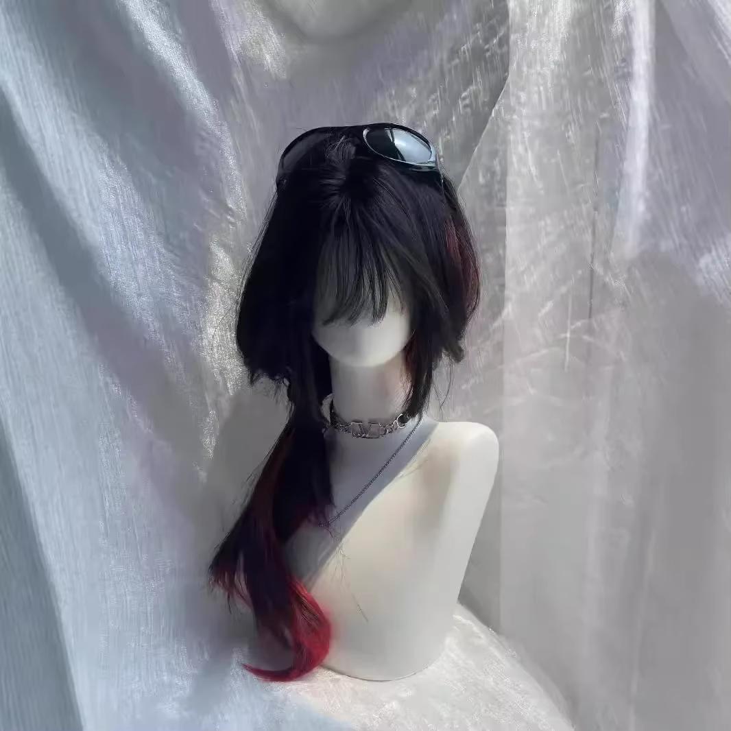 Cheveux longs et raides tehonneur en noir et rouge pour femmes