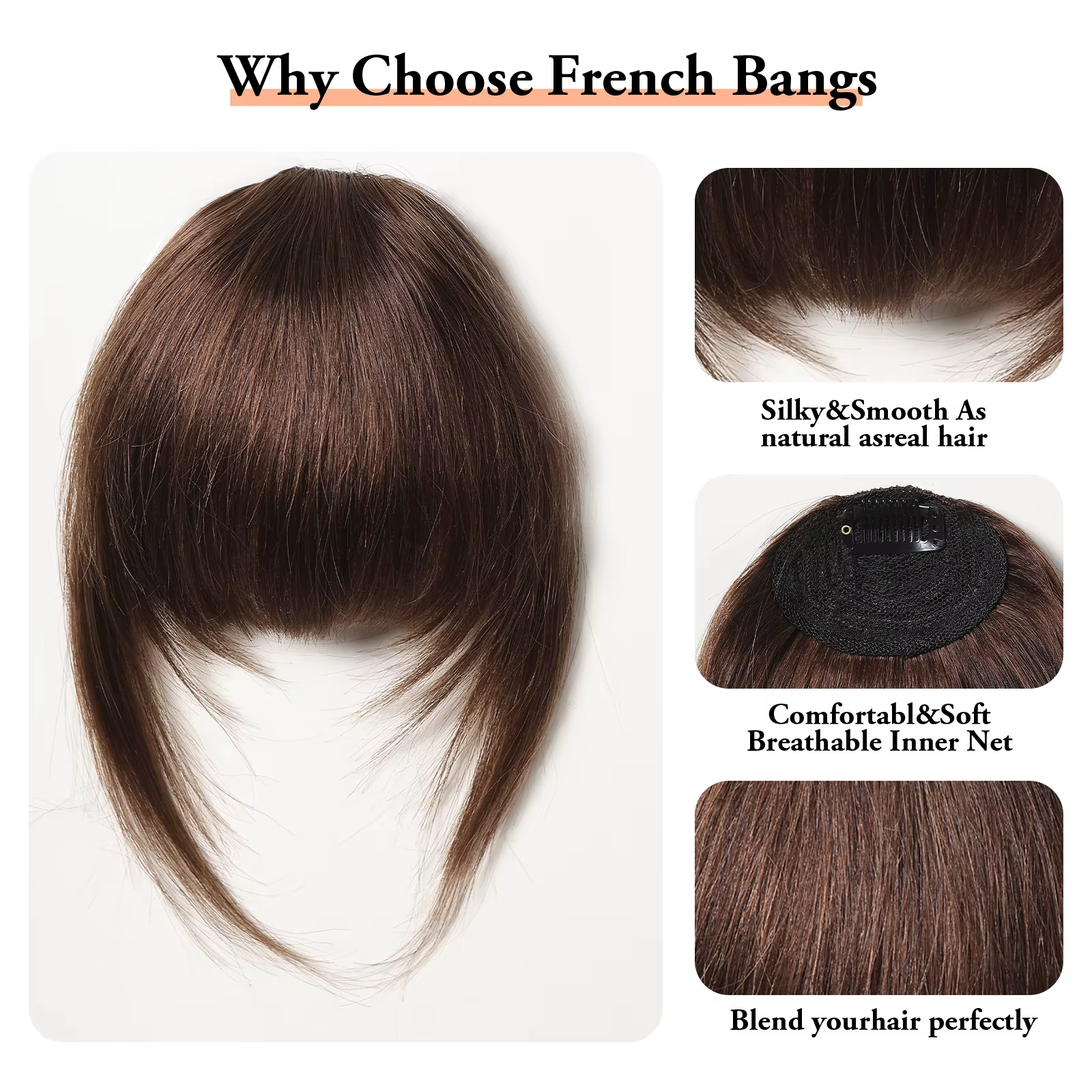 Brun Remy cheveux humains frange naturel droit