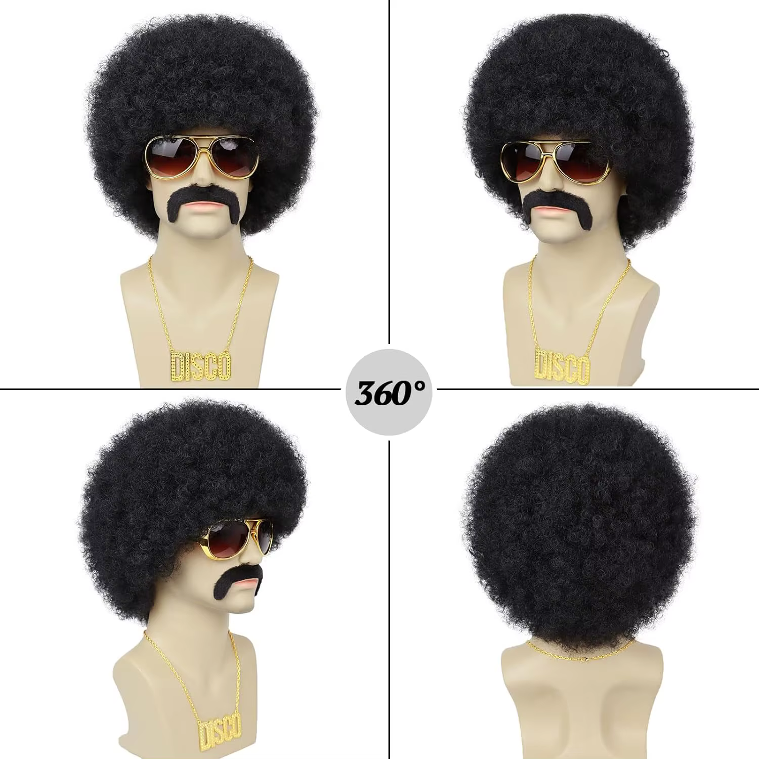Perruque synthétique style disco rock des années 50 avec lunettes et collier