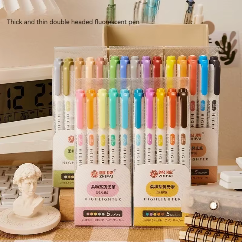 Ensemble de stylos surligneurs à Double tête, 5 couleurs/boîte, marqueurs de dessin fluorescents, surligneurs, stylos d'art japonais, papeterie Pastel mignonne