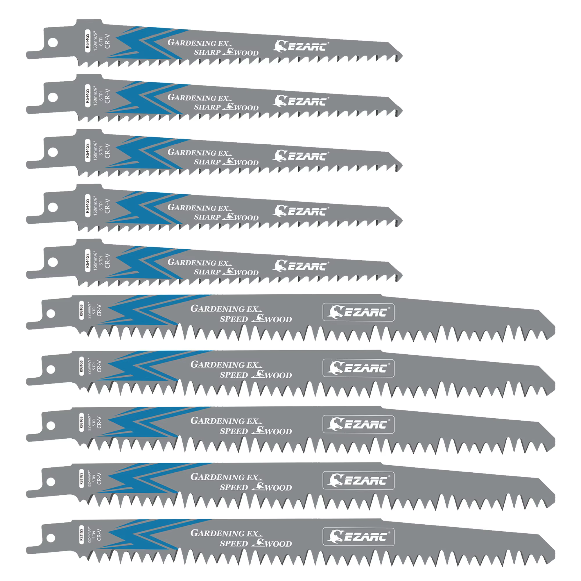 EZARC lames de scie alternative pour l'élagage du bois, 150mm 6TPI /225mm 5TPI CRV lames de scie à dents tranchantes au sol outils de coupe 6 ''9''