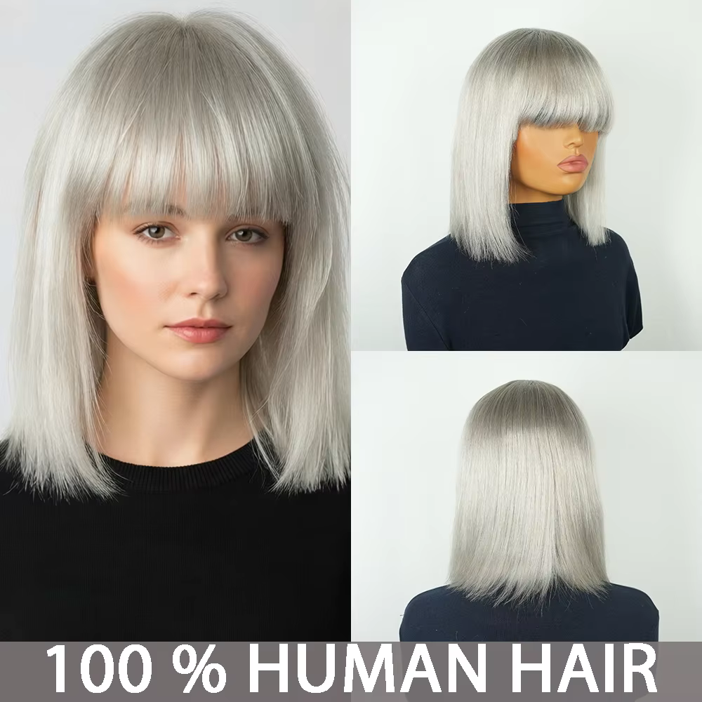 Perruque Bob Droite Gris Argenté avec Frange Complète