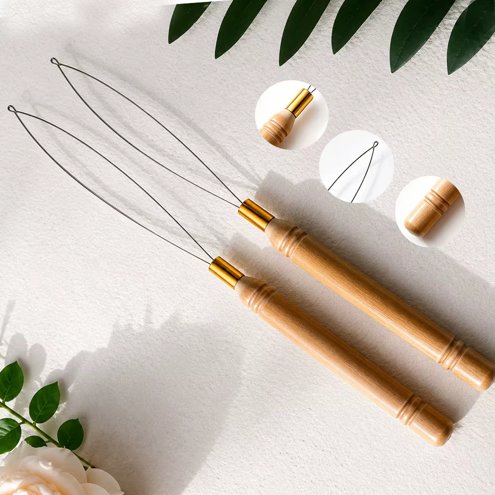 Outil de crochetage à manche en bois DIY pour extensions de cheveux