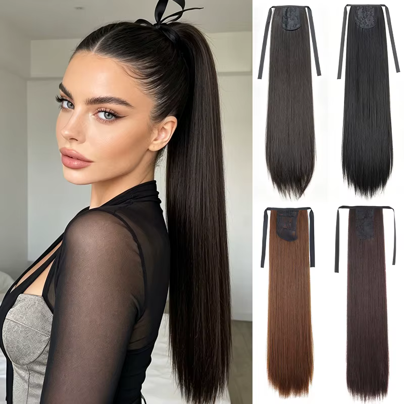 Extension de cheveux queue de cheval longue et droite avec attaches pour femmes, perruque synthétique résistante à la chaleur facile à clipser