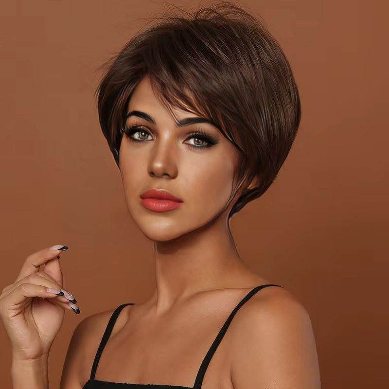 Perruque de Cheveux Courts et Lisses en Fibre Synthétique