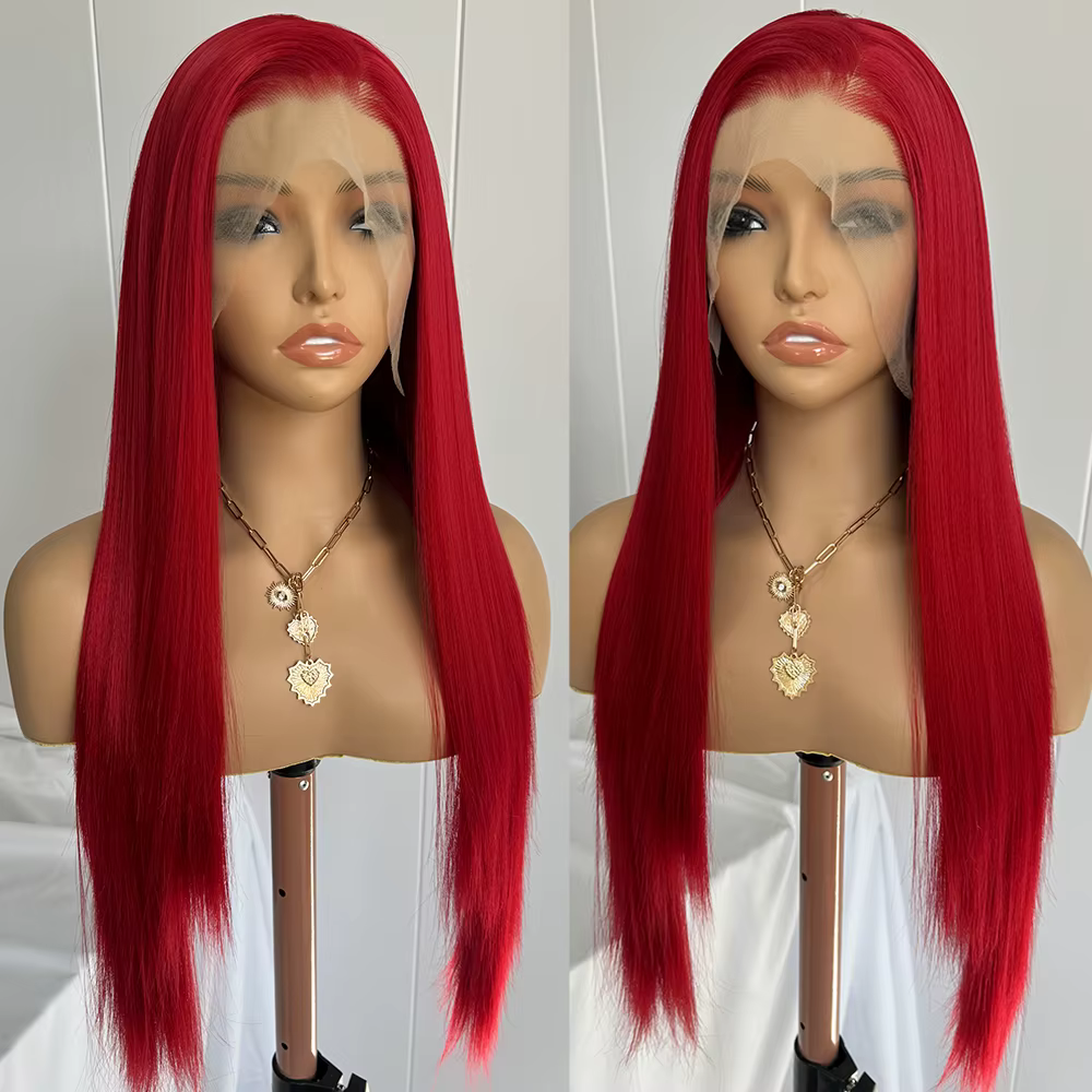 Perruque rouge perruque de dentelle synthétique longue perruque droite en soie perruque rouge foncé usage quotidien perruques de dentelle frontale pour les femmes Cosplay perruque droite rouge