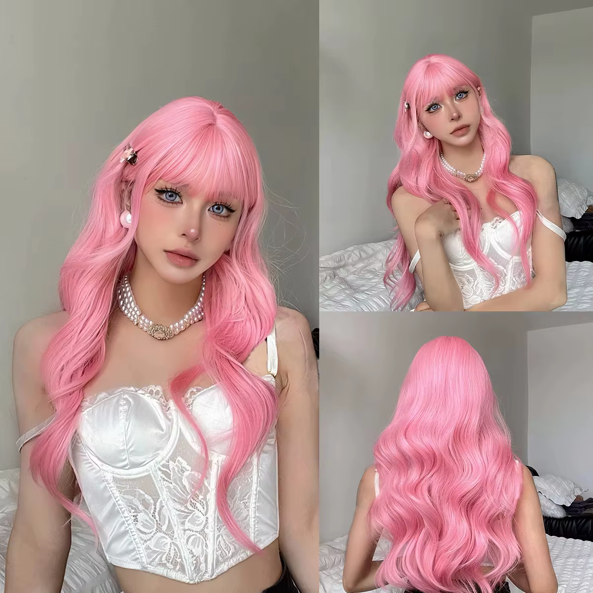 Perruque synthétique rose avec grandes vagues pour fête d'Halloween