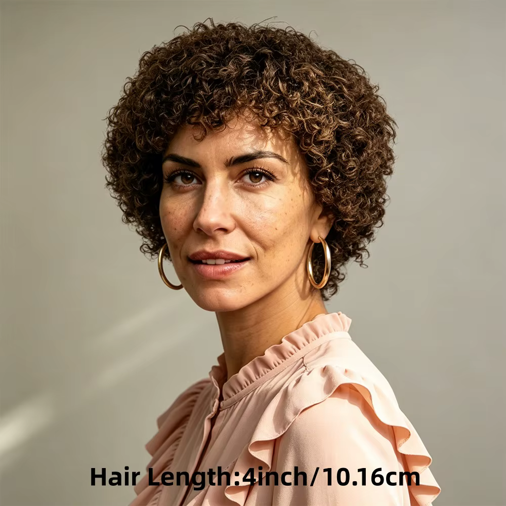 Perruque courte bouclée afro brune naturelle 100% cheveux humains 4A