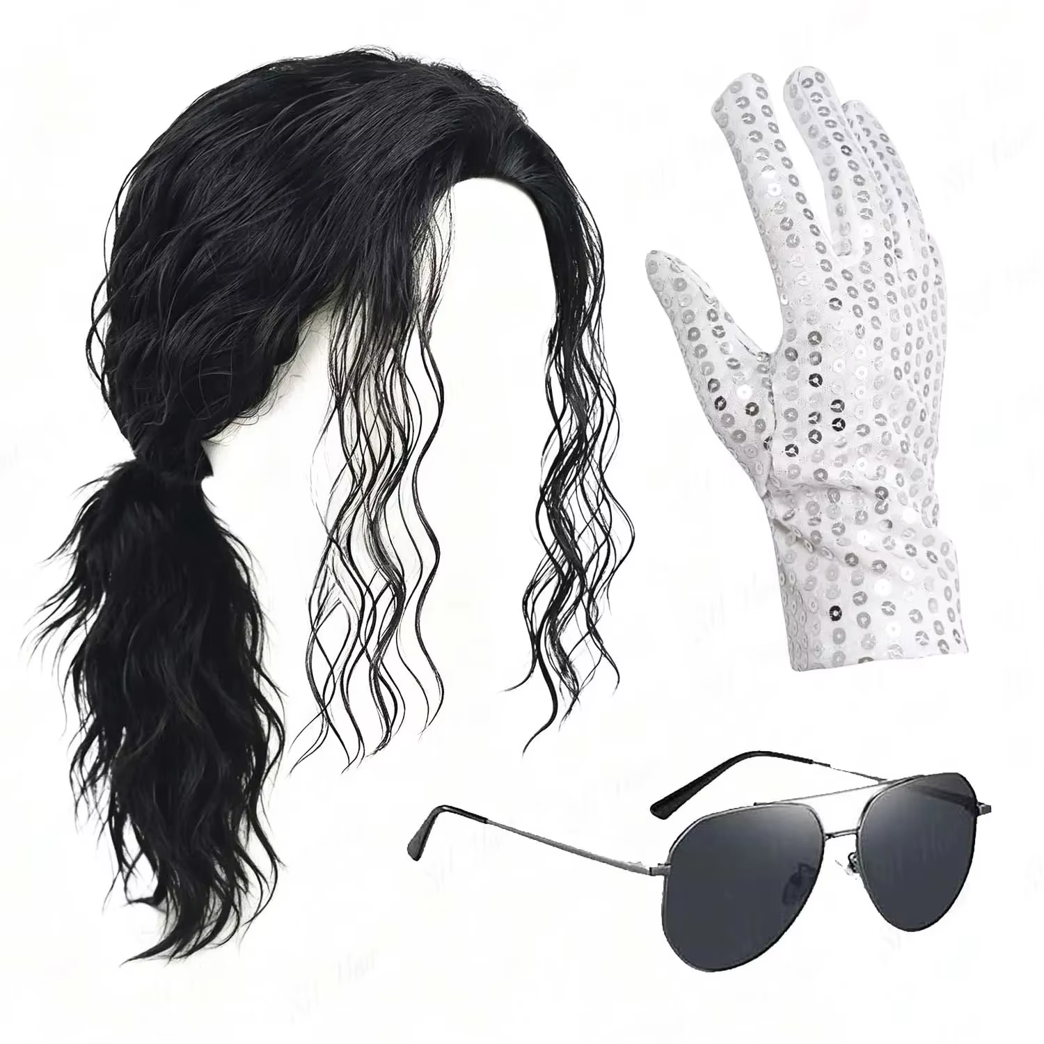 Perruque synthétique noire pour homme, style mulet, avec lunettes et gants, longue et bouclée, années 70-80, style rocker star punk, pour fête, Halloween, cosplay Michael Jackson