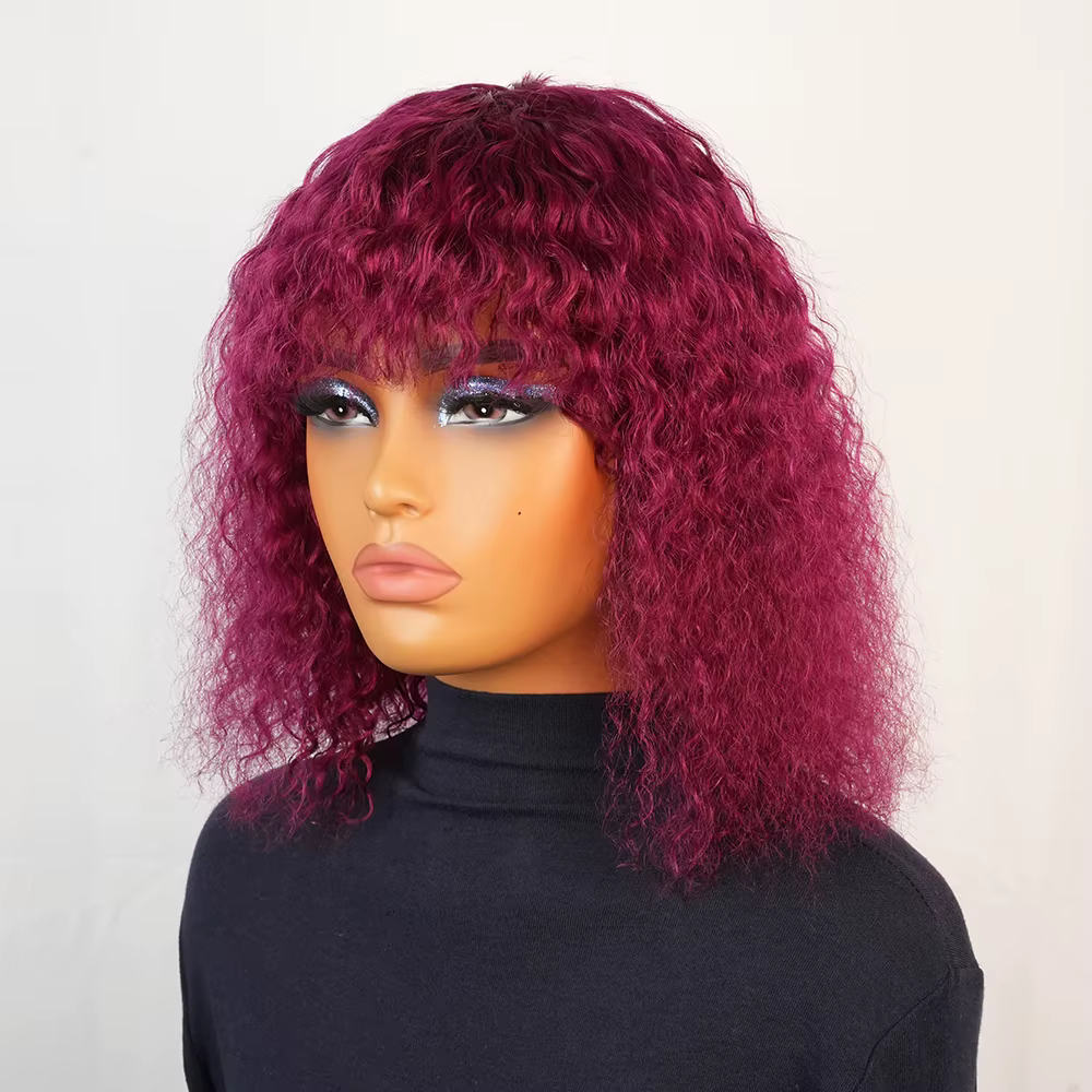 Perruque de cheveux humains crépus bouclés avec frange pour femmes noir 99J bordeaux sans colle courte vague d'eau
