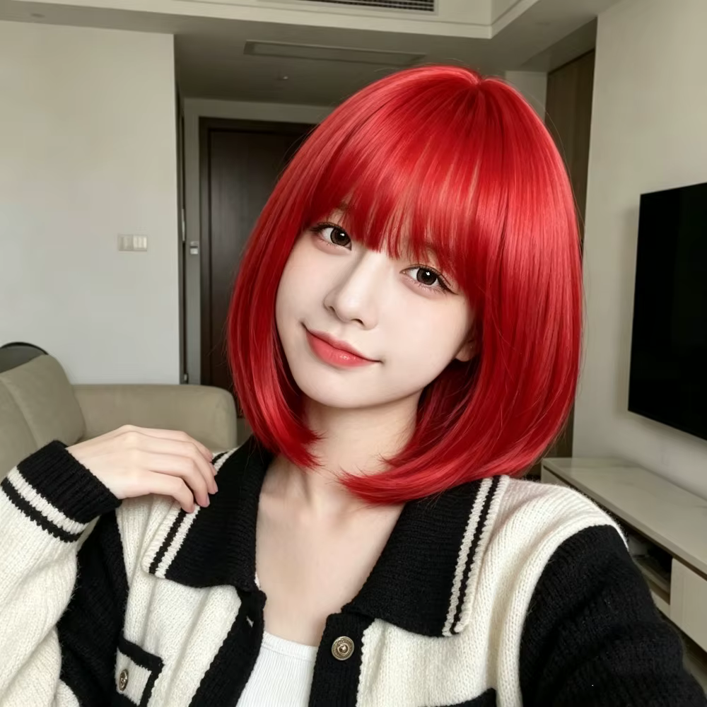 Perruque bob rouge, cheveux synthétiques
