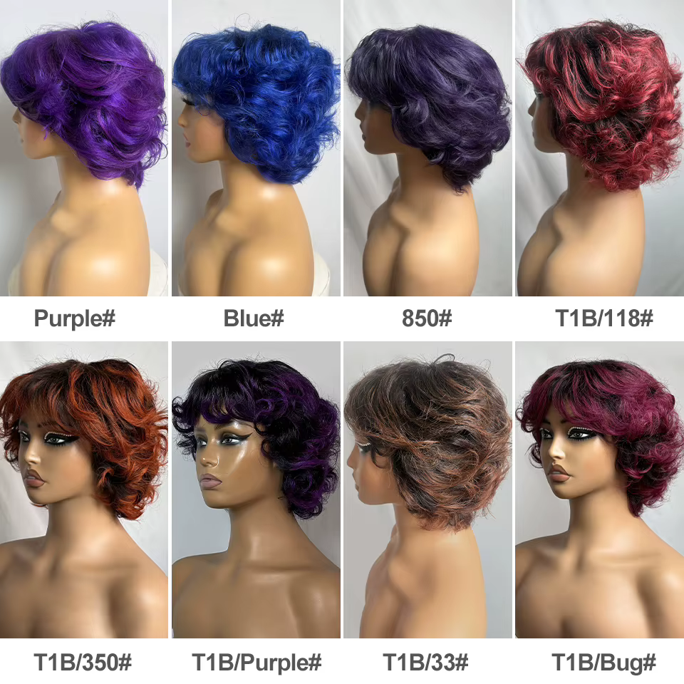 Perruques courtes bouclées violettes style pixie