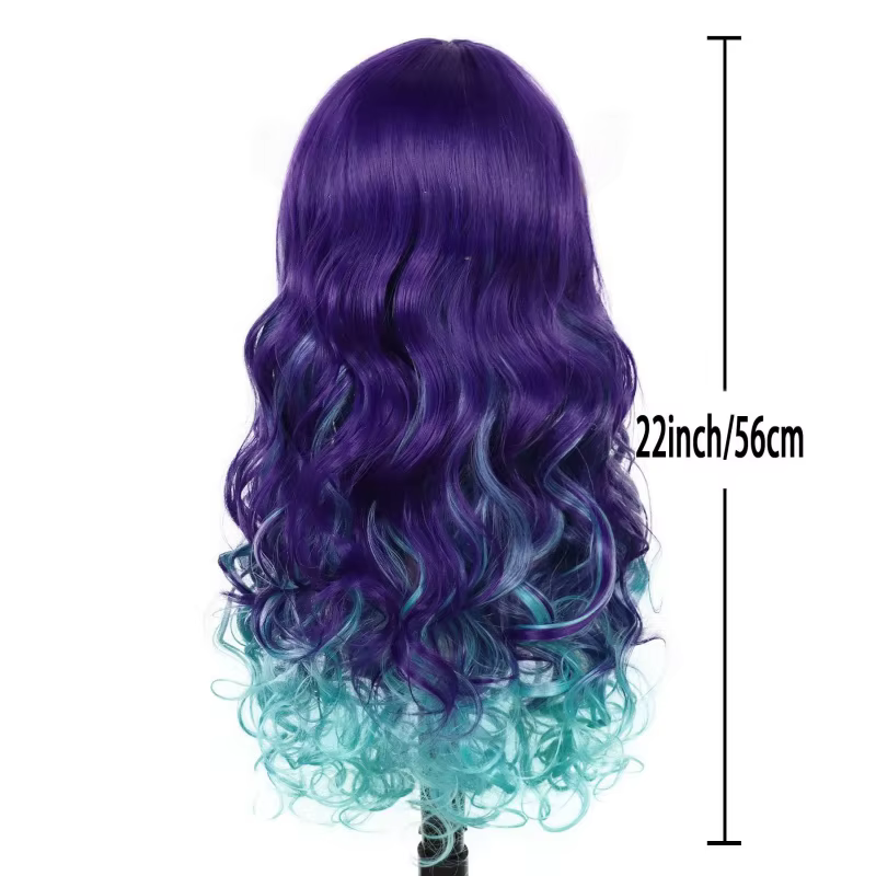 Perruque synthétique longue ondulée ombrée bleu-violet avec frange latérale et pince étoile de mer pour femme