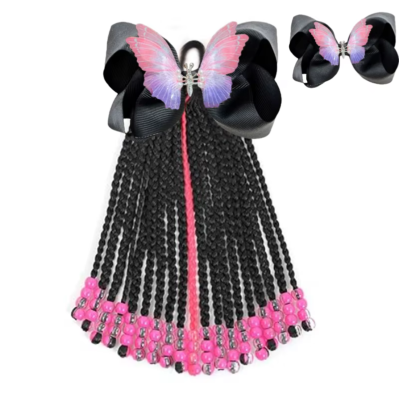 Extension de queue de cheval pour enfants avec perles - Extensions de cheveux de tresses en boîte de 19 brins avec clips à nœud - Coiffure de protection de 9 pouces pour filles