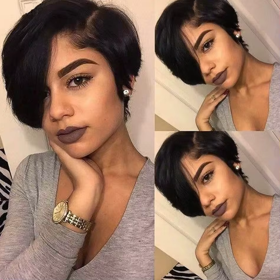 Perruques coupe lutin pour femmes noires cheveux humains 6 pouces