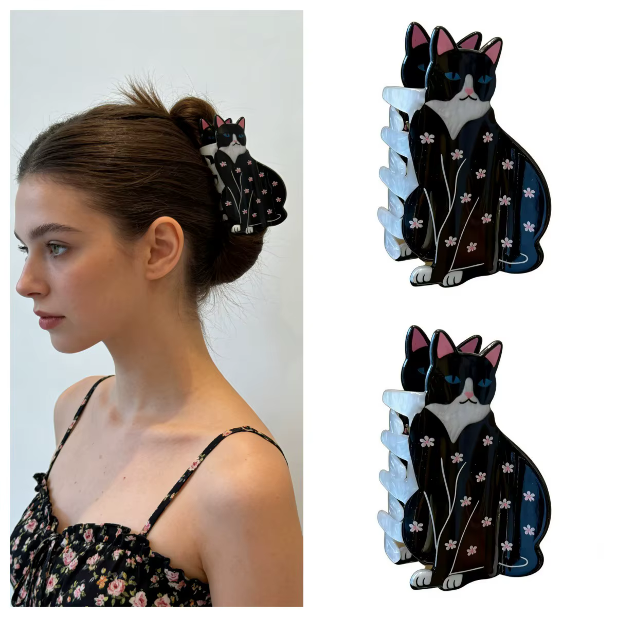 Barrettes à cheveux mignonnes en forme de chat noir floral